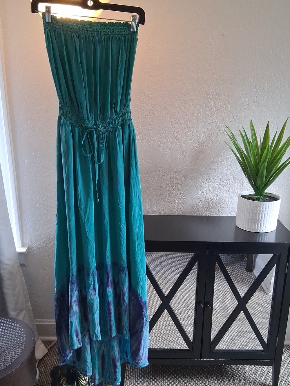 Gypsy 05 Teal Strapless Tie-Waist Maxi Dress with Blue-Purple Hem